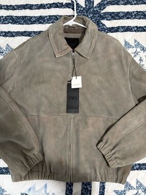ZARA Washed Effect Leather jacket in Taupe